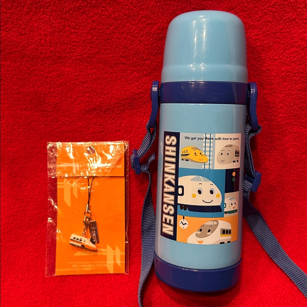 Sanrio Shinkansen Blue Thermos with Train Character Design Plus Cell Phone Charm